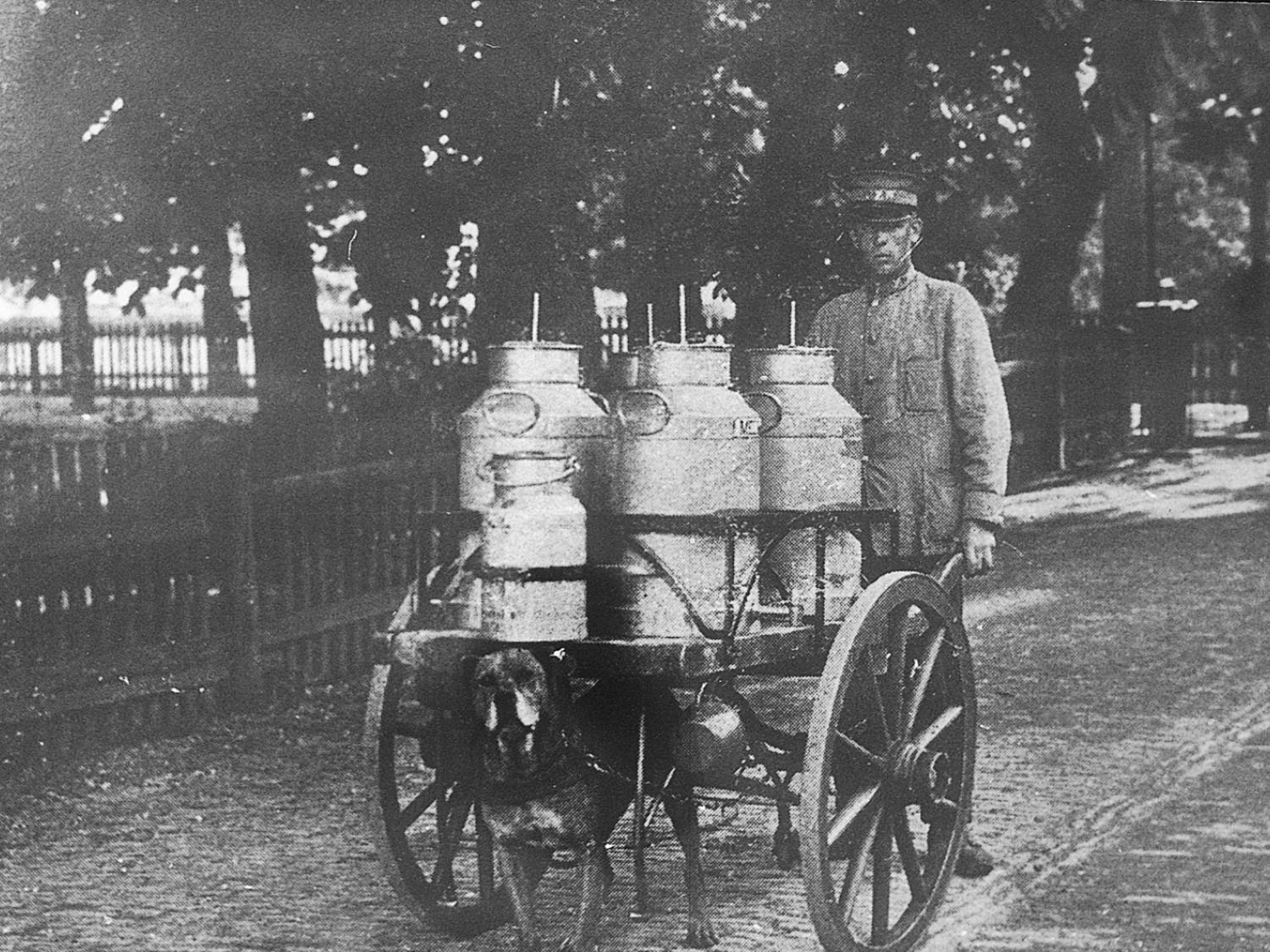 Image of a farmer pushing a cart of milk